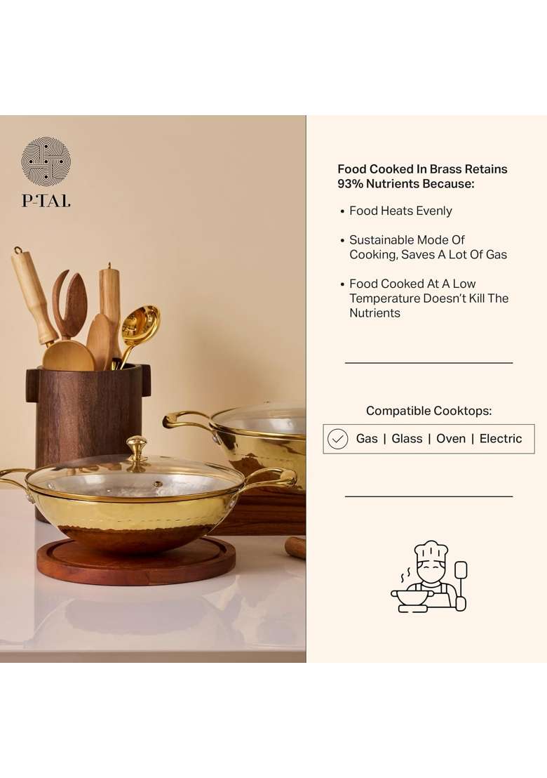 P-TAL Brass Kadhai Wok with Insulated Heat-Resistant Handle and Glass Lid | 3 L | 3.2 Qt | Non-Toxic | Tin Lined Kalai | Non-Stick - Indya