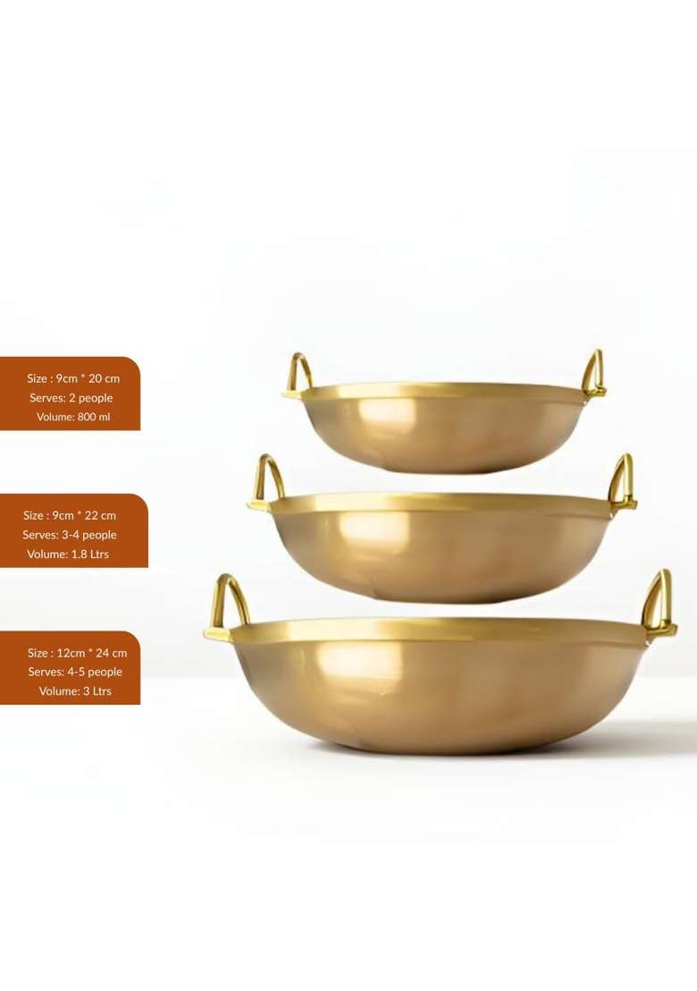 NUTRION Pure Bronze Kadai Wok | 8 Inch | 3-Piece Set | Non-Toxic | Tin Lined Kalai | Handcrafted - Indya