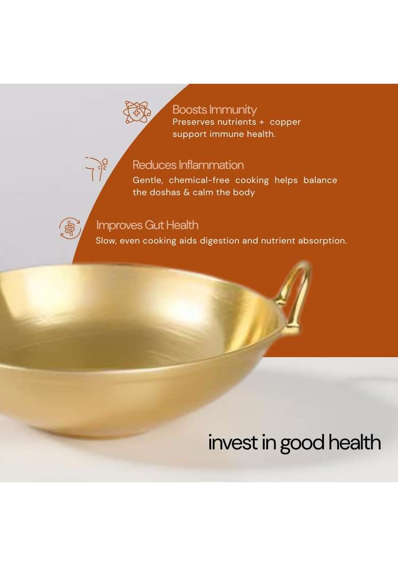 NUTRION Pure Bronze Kadai Wok | 8 Inch | 3-Piece Set | Non-Toxic | Tin Lined Kalai | Handcrafted - Indya