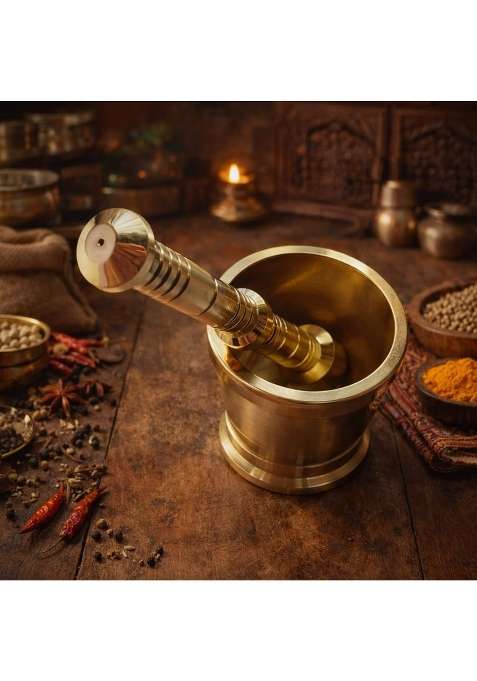 ANYRA'S TROVE Pure Brass Imam Dasta Mortar and Pestle Set Ohkli Musal Kharal | 15 cm | 5.9 Inch