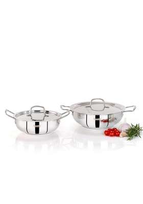 Sumeet ISI Certified Stainless Steel Kadai Wok with Steel Lid and Encapsulated Heavy Bottom | 1.5 L | 1.6 Qt | 24 cm | 9.4 Inch | 2-Piece Set