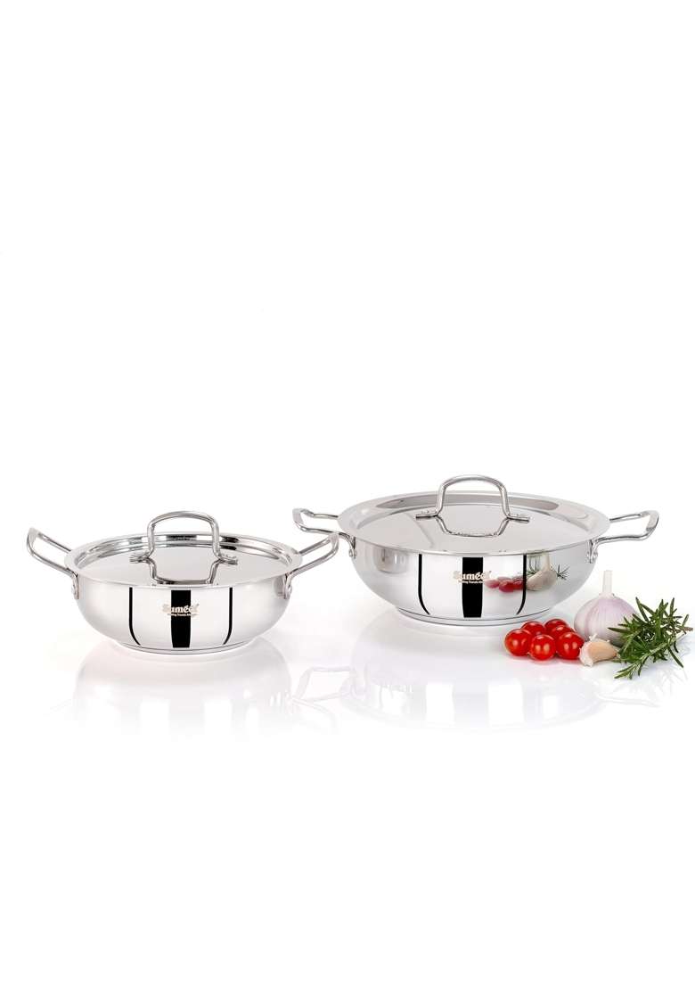 Sumeet ISI Certified Stainless Steel Kadai Wok with Steel Lid and Encapsulated Heavy Bottom | 1.5 L | 1.6 Qt | 24 cm | 9.4 Inch | 2-Piece Set - Indya