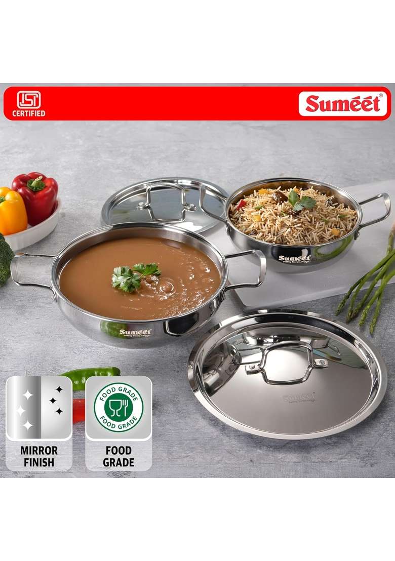 Sumeet ISI Certified Stainless Steel Kadai Wok with Steel Lid and Encapsulated Heavy Bottom | 1.5 L | 1.6 Qt | 24 cm | 9.4 Inch | 2-Piece Set - Indya