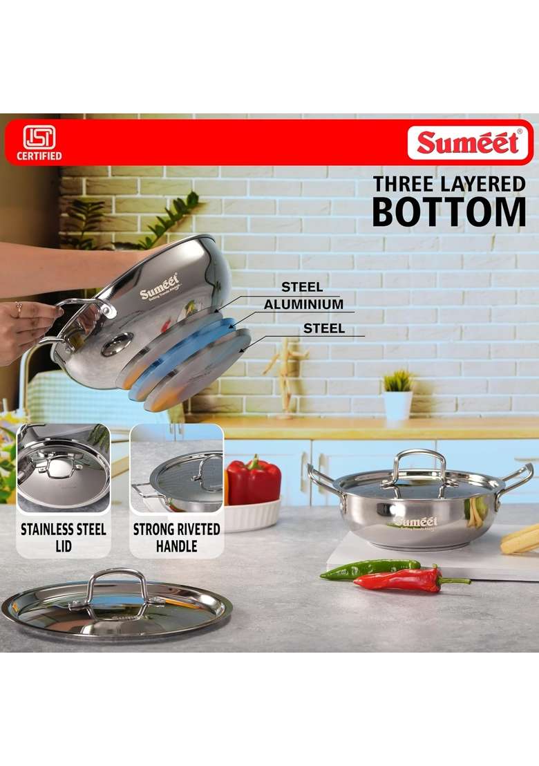 Sumeet ISI Certified Stainless Steel Kadai Wok with Steel Lid and Encapsulated Heavy Bottom | 1.5 L | 1.6 Qt | 24 cm | 9.4 Inch | 2-Piece Set - Indya