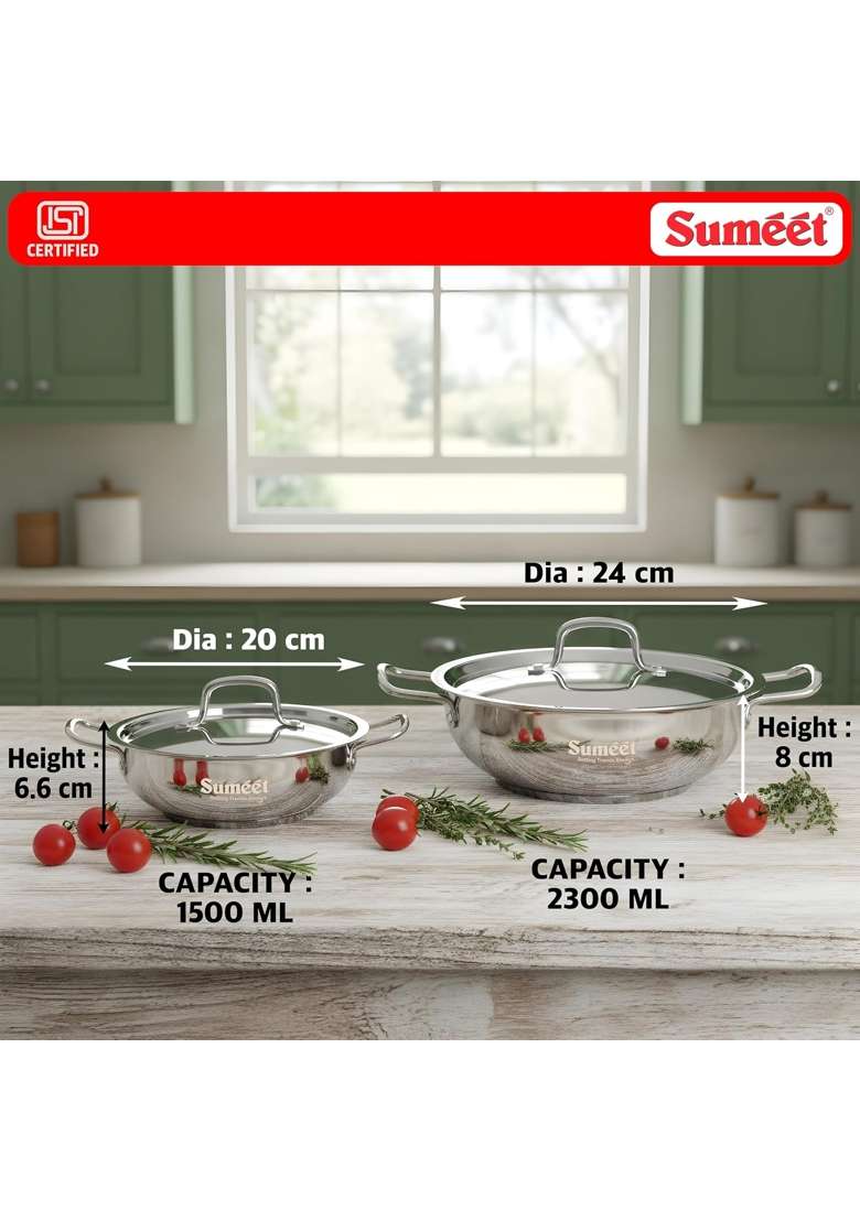 Sumeet ISI Certified Stainless Steel Kadai Wok with Steel Lid and Encapsulated Heavy Bottom | 1.5 L | 1.6 Qt | 24 cm | 9.4 Inch | 2-Piece Set - Indya