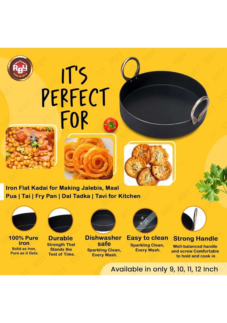 RBY Iron Flat Base Fry Pan Lohe Ki Tai Kadai Wok for Jalebi Malpua Multipurpose Food | 12 Inch | Induction Compatible | Food Safe - Indya