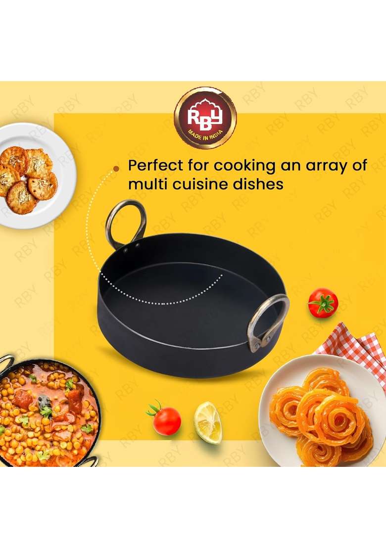 RBY Iron Flat Base Fry Pan Lohe Ki Tai Kadai Wok for Jalebi Malpua Multipurpose Food | 11 Inch | Induction Compatible | Food Safe - Indya