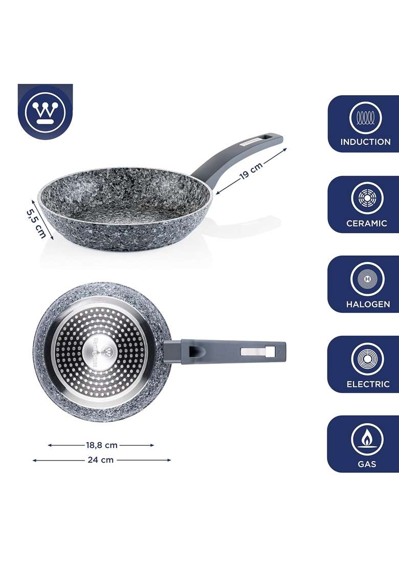 Westinghouse Granite Series Induction Frying Pan Frying Pan Coated Pan Grey Granite | 24 cm | 9.4 Inch | Dishwasher Safe | PFOA Free | Non-Stick - Indya