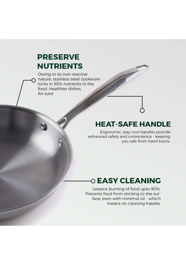 The Indus Valley Triply Stainless Steel Fry Pan | 1.5 L | 1.6 Qt | 22 cm | 8.7 Inch | Induction Compatible | Non-Toxic | Non-Stick - Indya