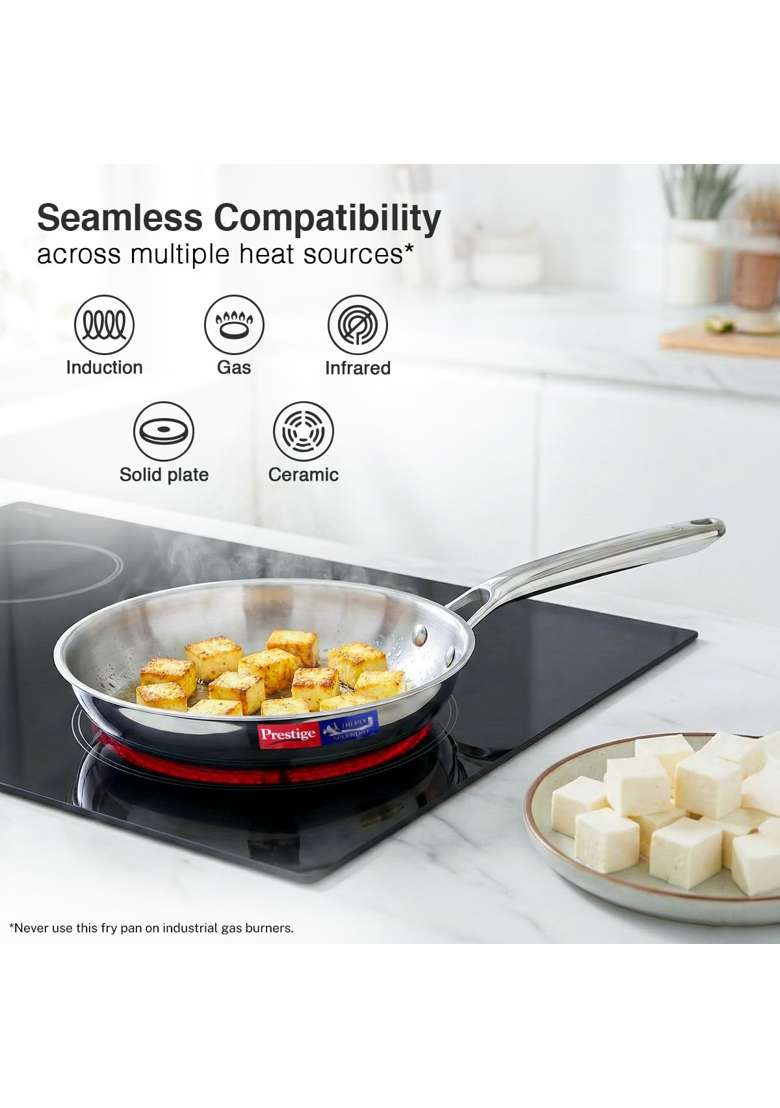 Prestige Tri-Ply Stainless Steel Splendid Fry Pan with Lid | 1.2 L | 1.3 Qt | 22 cm | 8.7 Inch | Induction Compatible - Indya