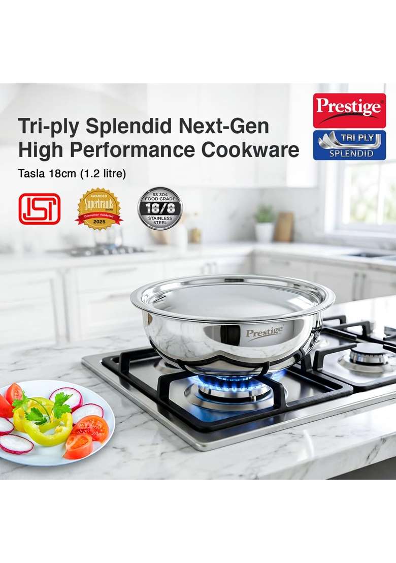 Prestige Tri-Ply Stainless Steel Splendid Tasla Deep Pan with Lid | 1.2 L | 1.3 Qt | 18 cm | 7.1 Inch | Induction Compatible - Indya