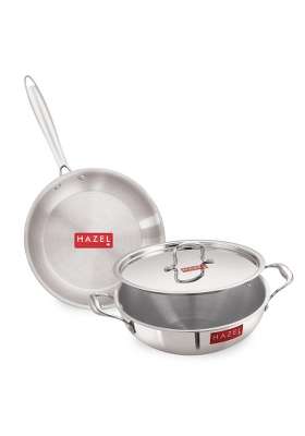 HAZEL Triply Stainless Steel Kadhai Wok and Fry Pan with Steel Lid | 3 L | 3.2 Qt | Induction Compatible