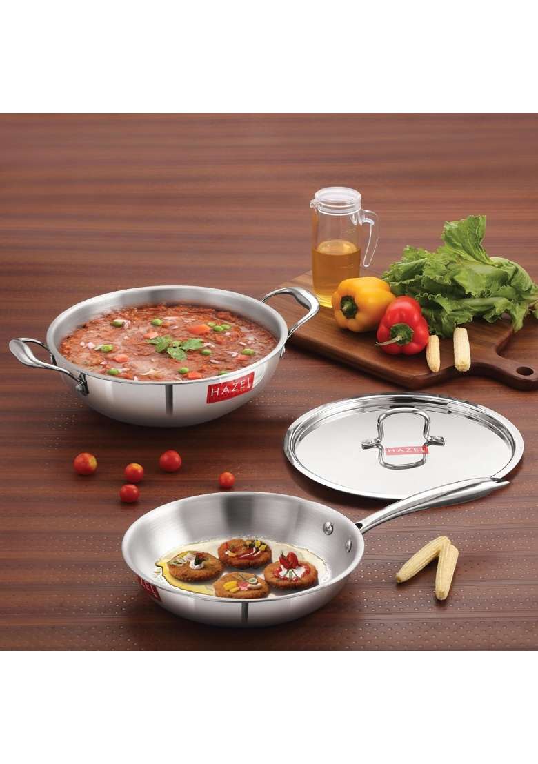 HAZEL Triply Stainless Steel Kadhai Wok and Fry Pan with Steel Lid | 3 L | 3.2 Qt | Induction Compatible - Indya