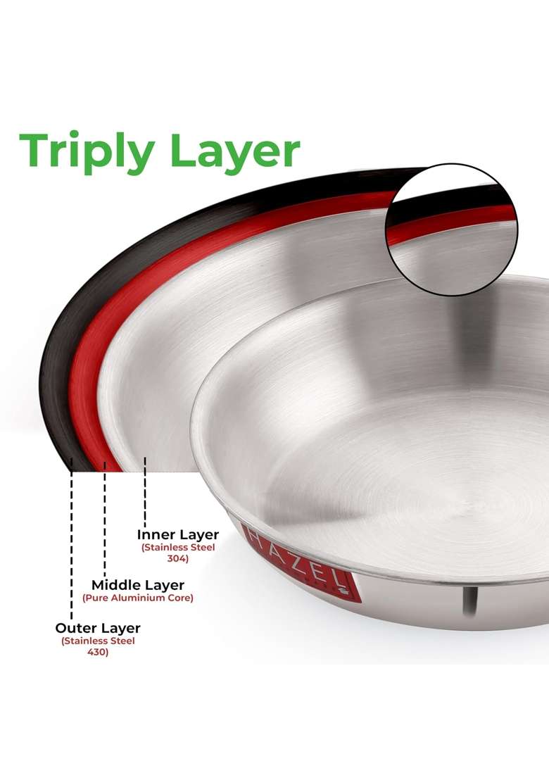 HAZEL Triply Stainless Steel Fry Pan | 1.5 L | 1.6 Qt | Induction Compatible | With Lid - Indya