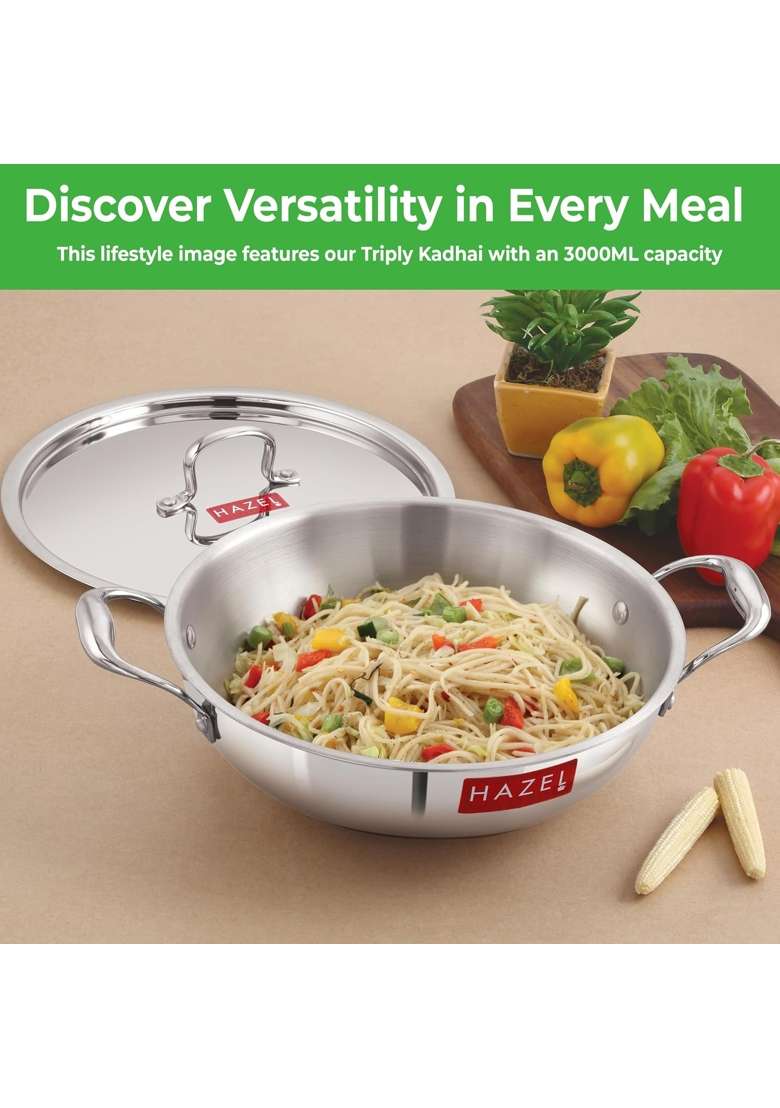 HAZEL Triply Stainless Steel Fry Pan | 1.5 L | 1.6 Qt | Induction Compatible | With Lid - Indya