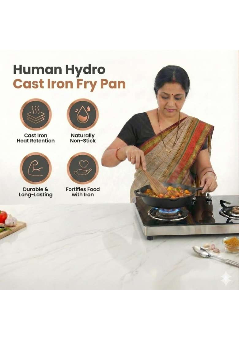 Human Hydro Pre-Seasoned Cast Iron Fry Pan | 26 cm | 10.2 Inch | Induction Compatible | Non-Stick - Indya
