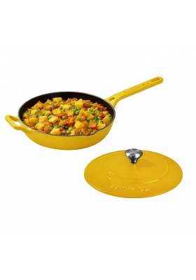 CUMIN CO. Enamel Cast Iron Pan with Lid | 2 L | 2.1 Qt | 26 cm | 10.2 Inch | Induction Compatible | Non-Toxic | Non-Stick