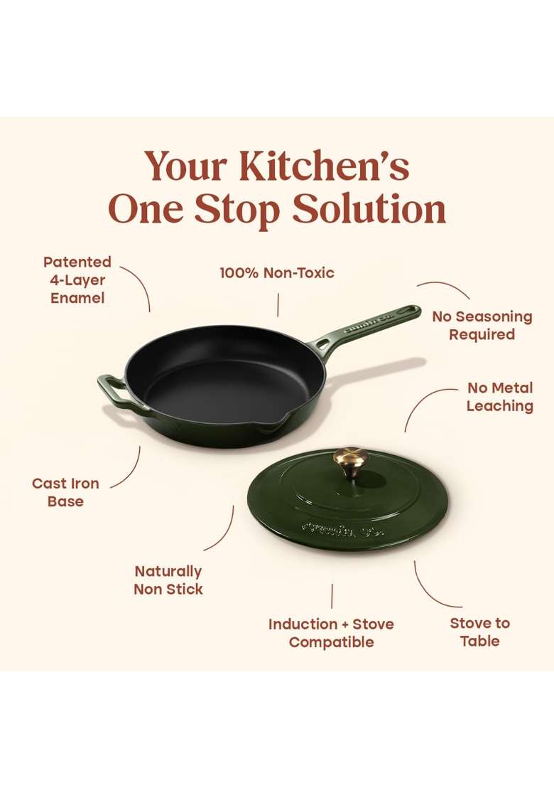 CUMIN CO. Enamel Cast Iron Pan with Lid | 2 L | 2.1 Qt | 26 cm | 10.2 Inch | Induction Compatible | Non-Toxic | Non-Stick - Indya
