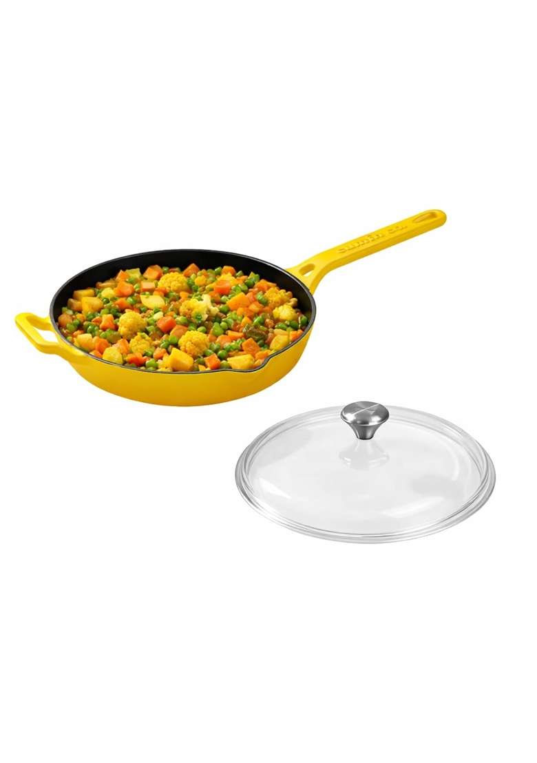 CUMIN CO. Enamel Cast Iron Pan with Lid | 2 L | 2.1 Qt | 26 cm | 10.2 Inch | Induction Compatible | Non-Toxic | Non-Stick - Indya