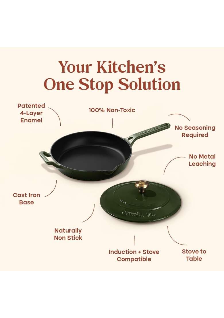 CUMIN CO. Enamel Cast Iron Pan with Lid | 2 L | 2.1 Qt | 26 cm | 10.2 Inch | Induction Compatible | Non-Toxic | Non-Stick - Indya
