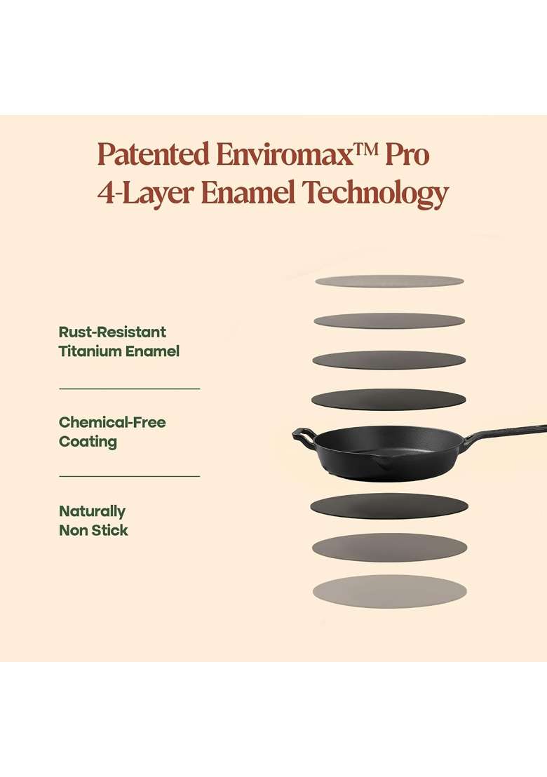 CUMIN CO. Enamel Cast Iron Pan with Lid | 2 L | 2.1 Qt | 26 cm | 10.2 Inch | Induction Compatible | Non-Toxic | Non-Stick - Indya