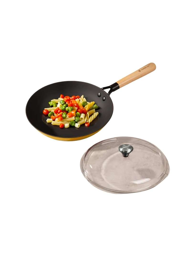 CUMIN CO. Enamel Cast Iron Fry Pan LITE with Lid | 2 L | 2.1 Qt | 26 cm | 10.2 Inch | Induction Compatible | Non-Toxic | Non-Stick - Indya