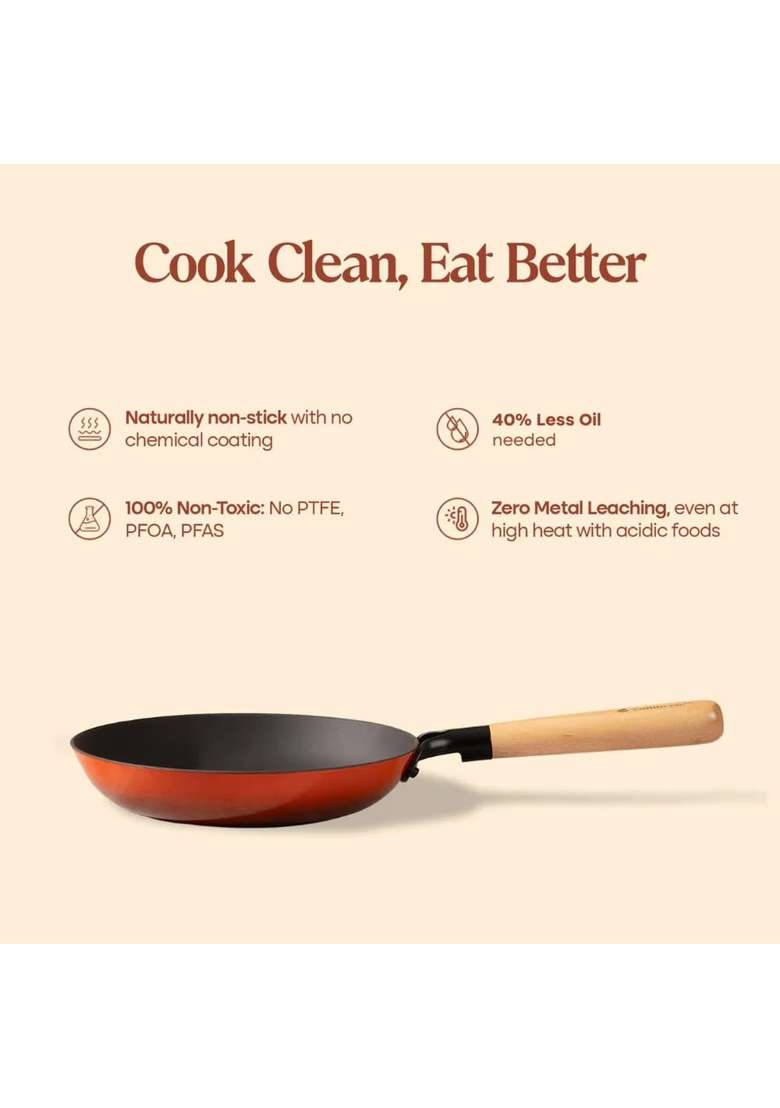 CUMIN CO. Enamel Cast Iron Fry Pan LITE with Lid | 2 L | 2.1 Qt | 26 cm | 10.2 Inch | Induction Compatible | Non-Toxic | Non-Stick - Indya