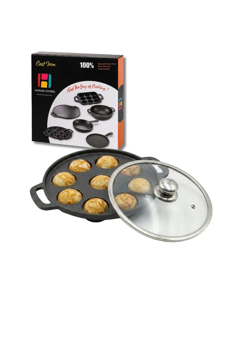 Human Hydro Pre-Seasoned Cast Iron 9 Pit Paniyaram Pan Ebelskiver-Style Pan | 23 cm | 9.1 Inch | Induction Compatible | Non-Toxic | Non-Stick - Indya