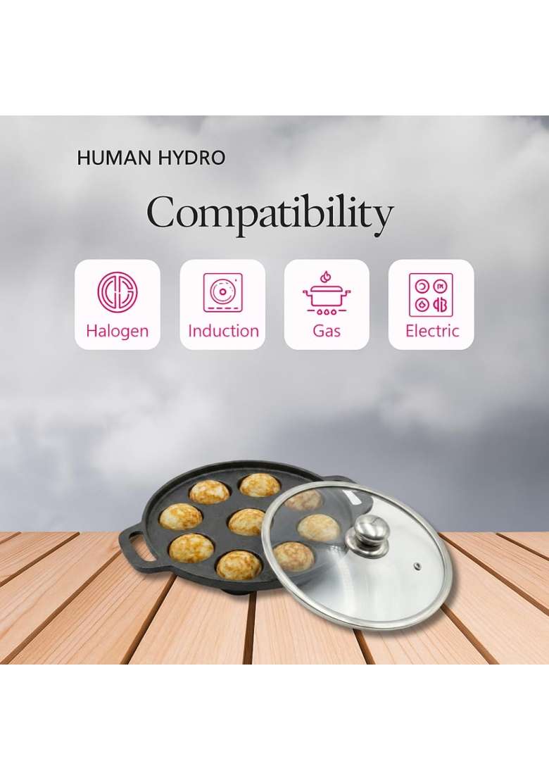 Human Hydro Pre-Seasoned Cast Iron 9 Pit Paniyaram Pan Ebelskiver-Style Pan | 23 cm | 9.1 Inch | Induction Compatible | Non-Toxic | Non-Stick - Indya