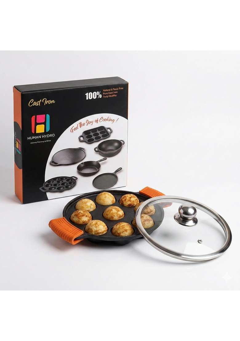 Human Hydro Pre-Seasoned Cast Iron Paniyaram Pan Ebelskiver-Style Pan | 21 cm | 8.3 Inch | Induction Compatible | Non-Stick | With Lid - Indya