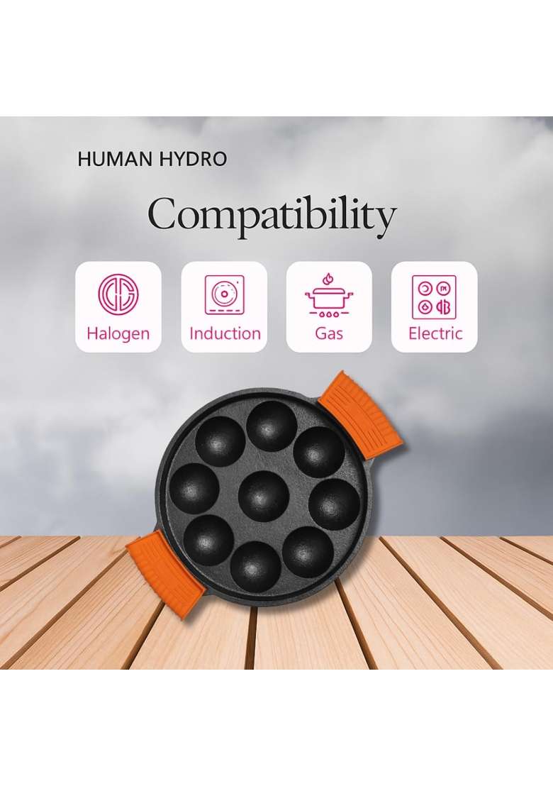 Human Hydro Pre-Seasoned Cast Iron Paniyaram Pan Ebelskiver-Style Pan | 21 cm | 8.3 Inch | Induction Compatible | Non-Stick | With Lid - Indya