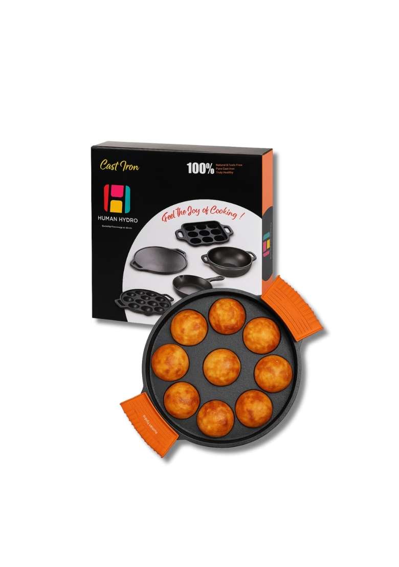 Human Hydro Pre-Seasoned Cast Iron Paniyaram Pan Ebelskiver-Style Pan | Induction Compatible | Non-Toxic | Non-Stick - Indya