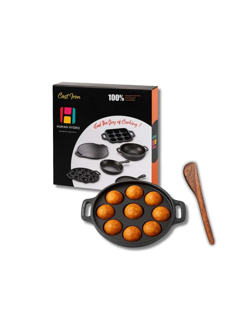 Human Hydro Pre-Seasoned Cast Iron 9 Pit Paniyaram Pan Ebelskiver-Style Pan | 23 cm | 9.1 Inch | Induction Compatible | Non-Toxic | Non-Stick - Indya