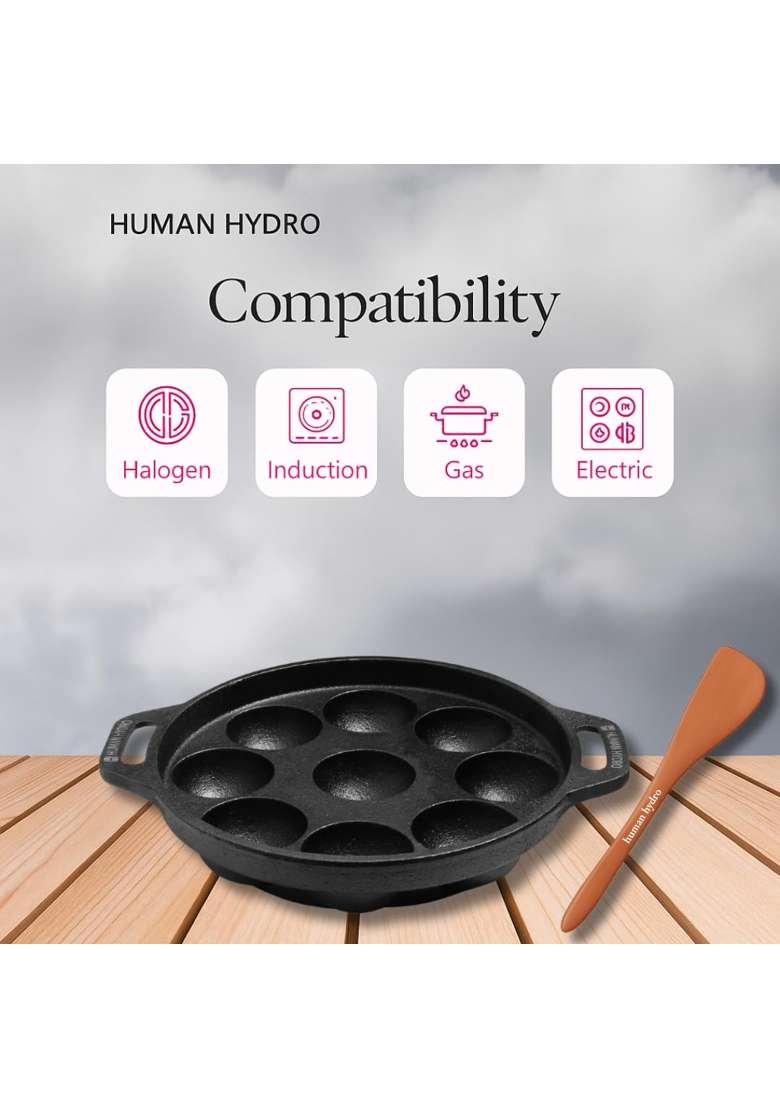 Human Hydro Pre-Seasoned Cast Iron 9 Pit Paniyaram Pan Ebelskiver-Style Pan | 23 cm | 9.1 Inch | Induction Compatible | Non-Toxic | Non-Stick - Indya