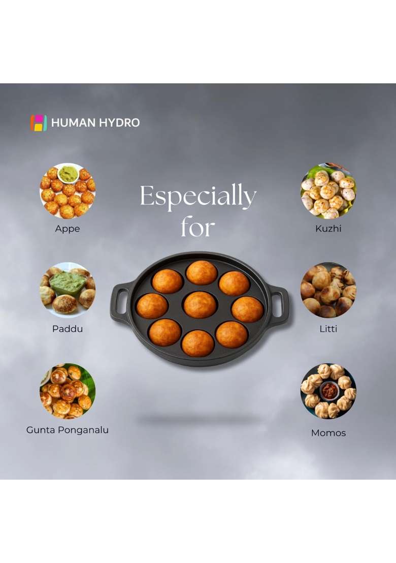 Human Hydro Pre-Seasoned Cast Iron 9 Pit Paniyaram Pan Ebelskiver-Style Pan | 23 cm | 9.1 Inch | Induction Compatible | Non-Toxic | Non-Stick - Indya