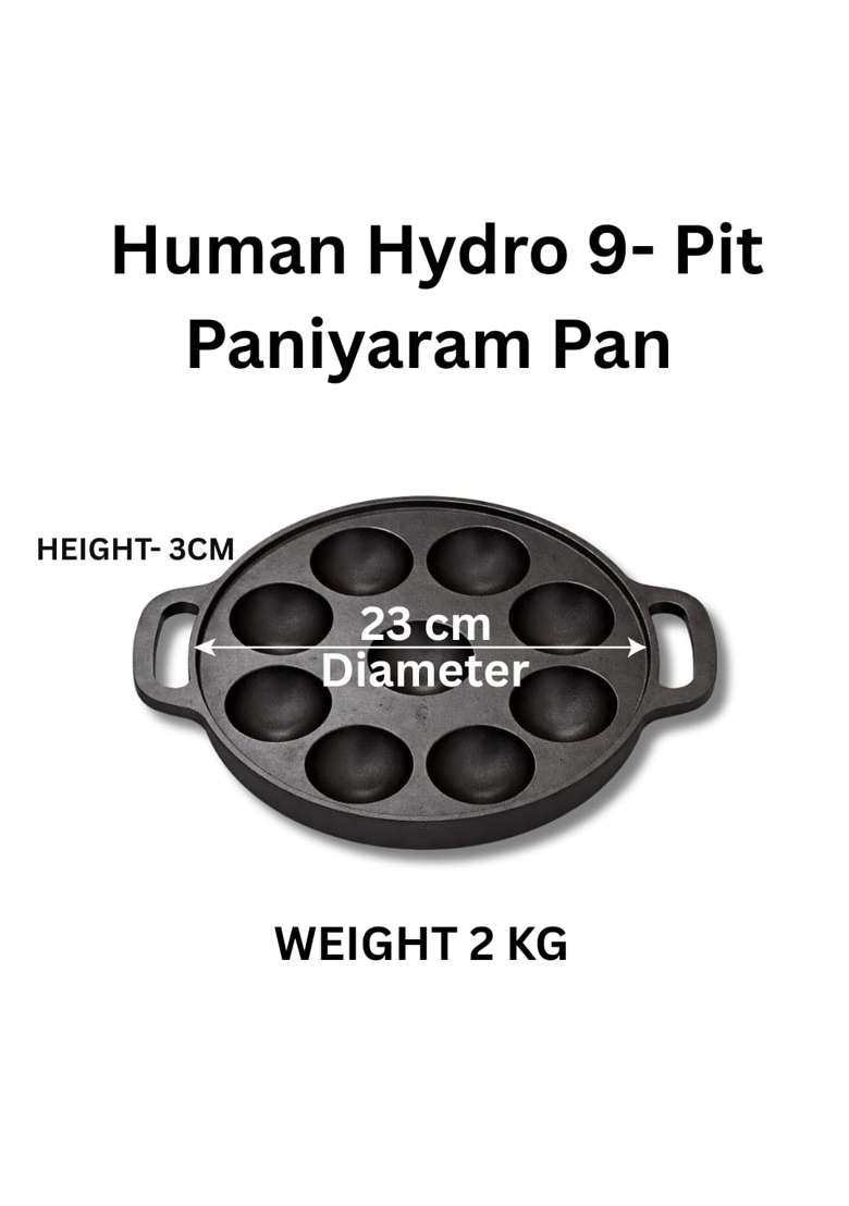 Human Hydro Cast Iron 9-Pit Paniyaram Pan Ebelskiver-Style Pan | 23 cm | 9.1 Inch | Induction Compatible | Non-Toxic | Pre-Seasoned | Non-Stick - Indya