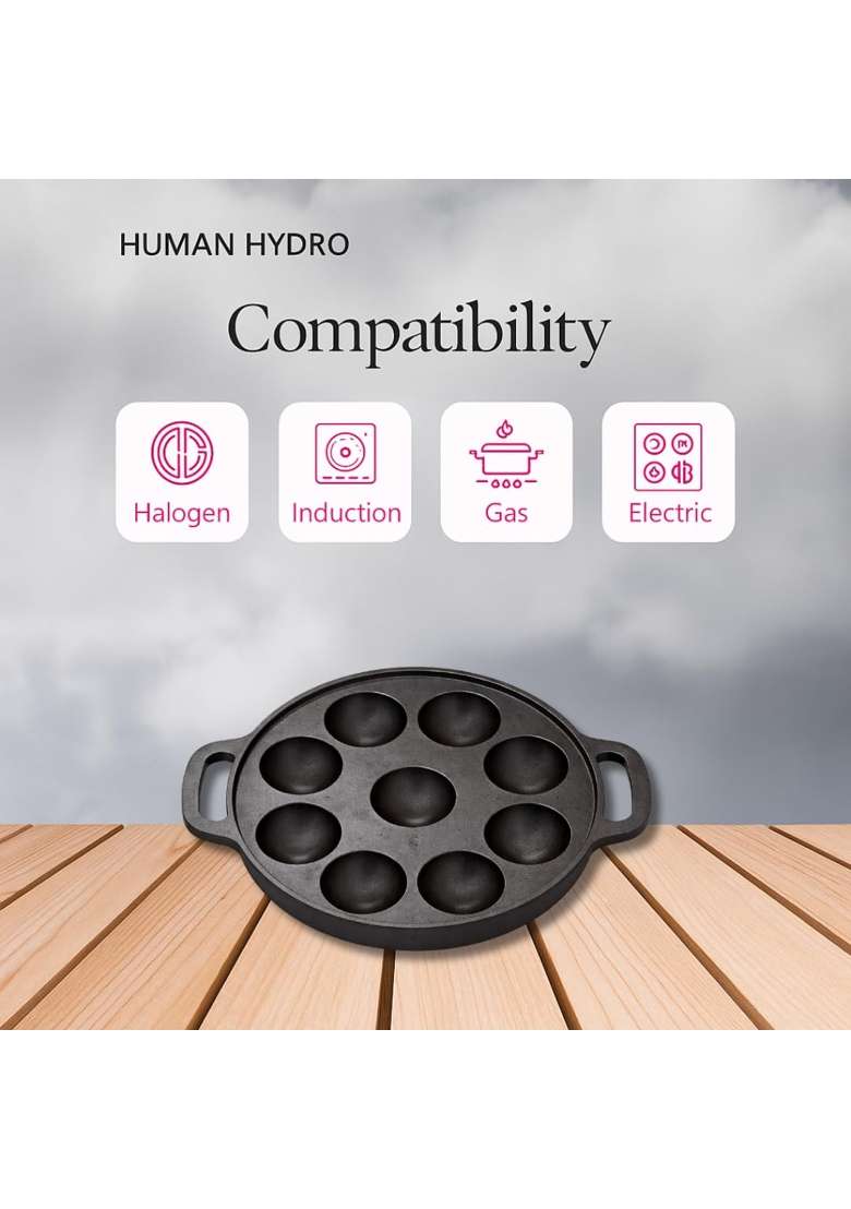 Human Hydro Cast Iron 9-Pit Paniyaram Pan Ebelskiver-Style Pan | 23 cm | 9.1 Inch | Induction Compatible | Non-Toxic | Pre-Seasoned | Non-Stick - Indya
