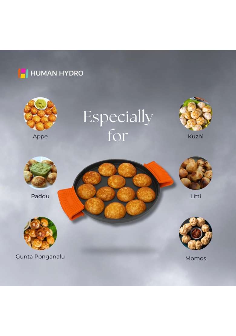 Human Hydro Pre-Seasoned Cast Iron 12-Pit Paniyaram Pan Ebelskiver-Style Pan | 20 cm | 7.9 Inch | Induction Compatible | Non-Stick - Indya