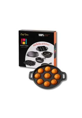 Human Hydro Pre-Seasoned Cast Iron 9 Pit Paniyaram Pan Ebelskiver-Style Pan | 23 cm | 9.1 Inch | Induction Compatible | Non-Toxic | Non-Stick