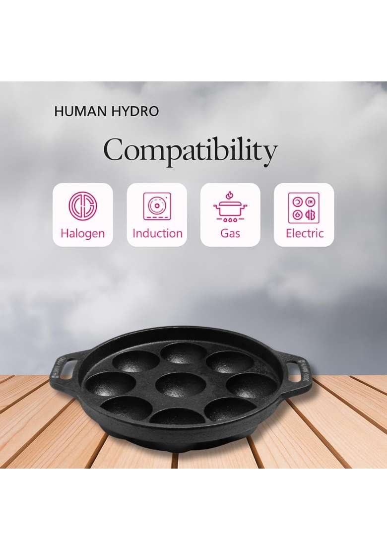 Human Hydro Pre-Seasoned Cast Iron 9 Pit Paniyaram Pan Ebelskiver-Style Pan | 23 cm | 9.1 Inch | Induction Compatible | Non-Toxic | Non-Stick - Indya