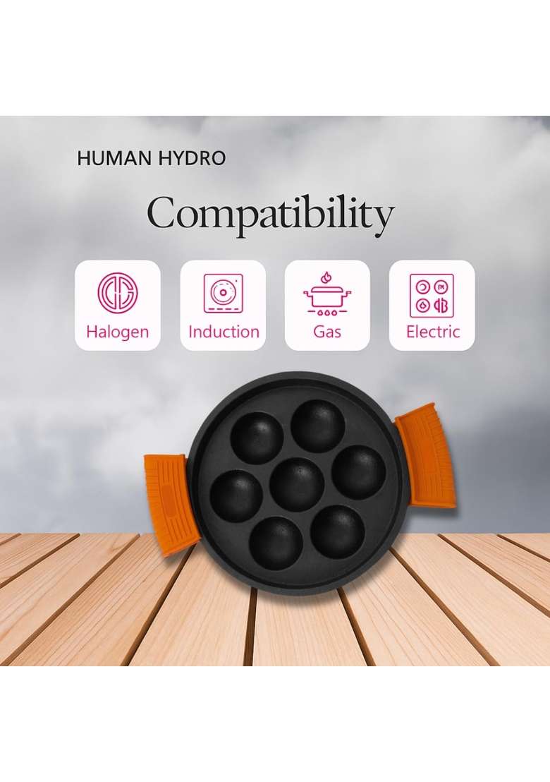 Human Hydro Pre-Seasoned Cast Iron Paniyaram Pan Ebelskiver-Style Pan | Induction Compatible | Non-Stick | With Lid - Indya