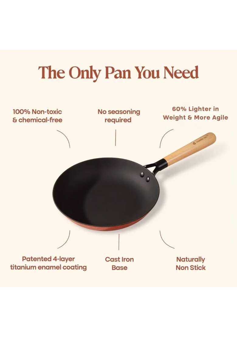 CUMIN CO. Enamel Cast Iron Fry Pan LITE with Lid | 2 L | 2.1 Qt | 26 cm | 10.2 Inch | Induction Compatible | Non-Toxic | Non-Stick - Indya