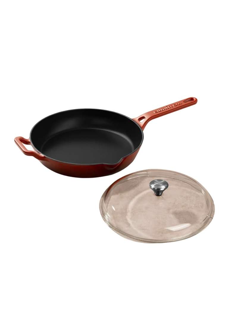 CUMIN CO. Enamel Cast Iron Pan with Lid | 2 L | 2.1 Qt | 26 cm | 10.2 Inch | Induction Compatible | Non-Toxic | Non-Stick - Indya
