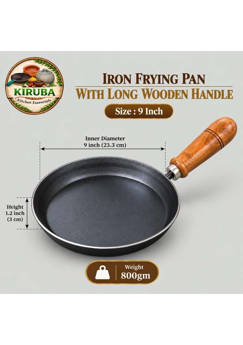 KIRUBA KITCHEN ESSENTIALS Kiruba Raw Iron Frying Pan with Wooden Handle | 23 cm | 9.1 Inch - Indya