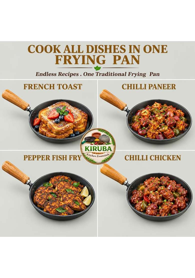 KIRUBA KITCHEN ESSENTIALS Kiruba Raw Iron Frying Pan with Wooden Handle | 23 cm | 9.1 Inch - Indya