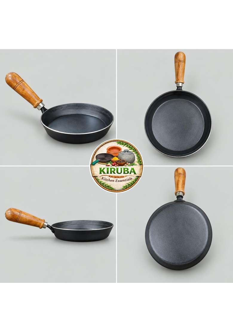 KIRUBA KITCHEN ESSENTIALS Kiruba Raw Iron Frying Pan with Wooden Handle | 20 cm | 7.9 Inch - Indya