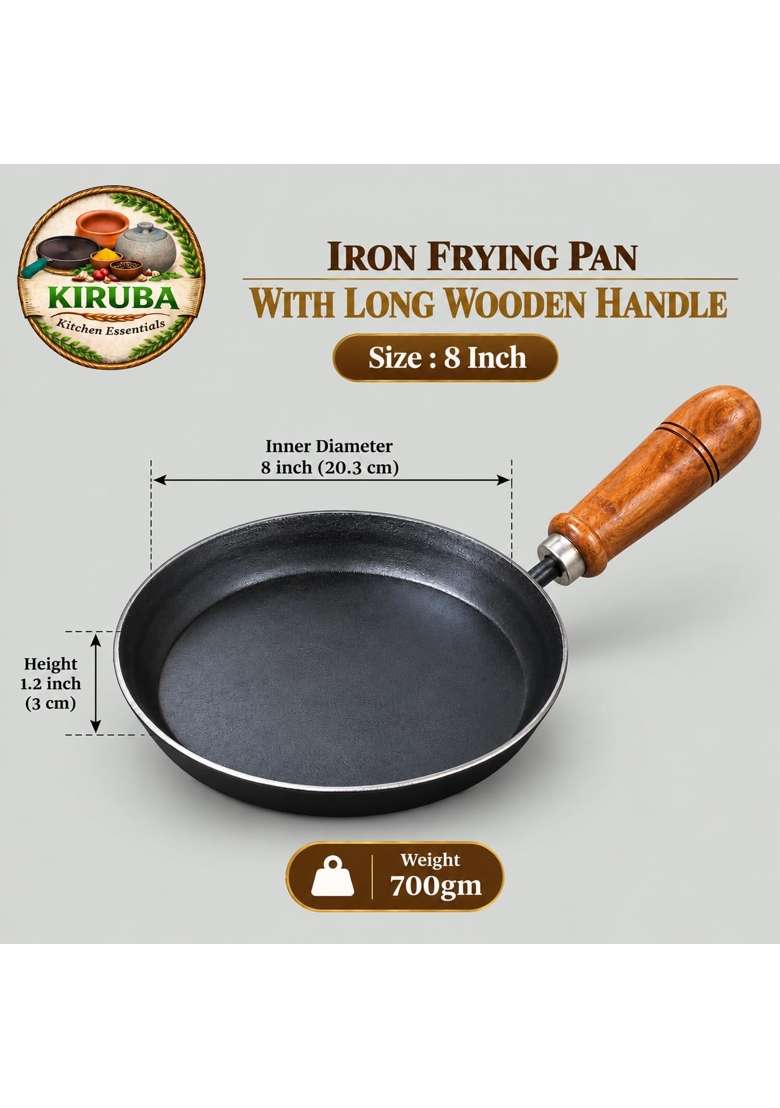 KIRUBA KITCHEN ESSENTIALS Kiruba Raw Iron Frying Pan with Wooden Handle | 20 cm | 7.9 Inch - Indya