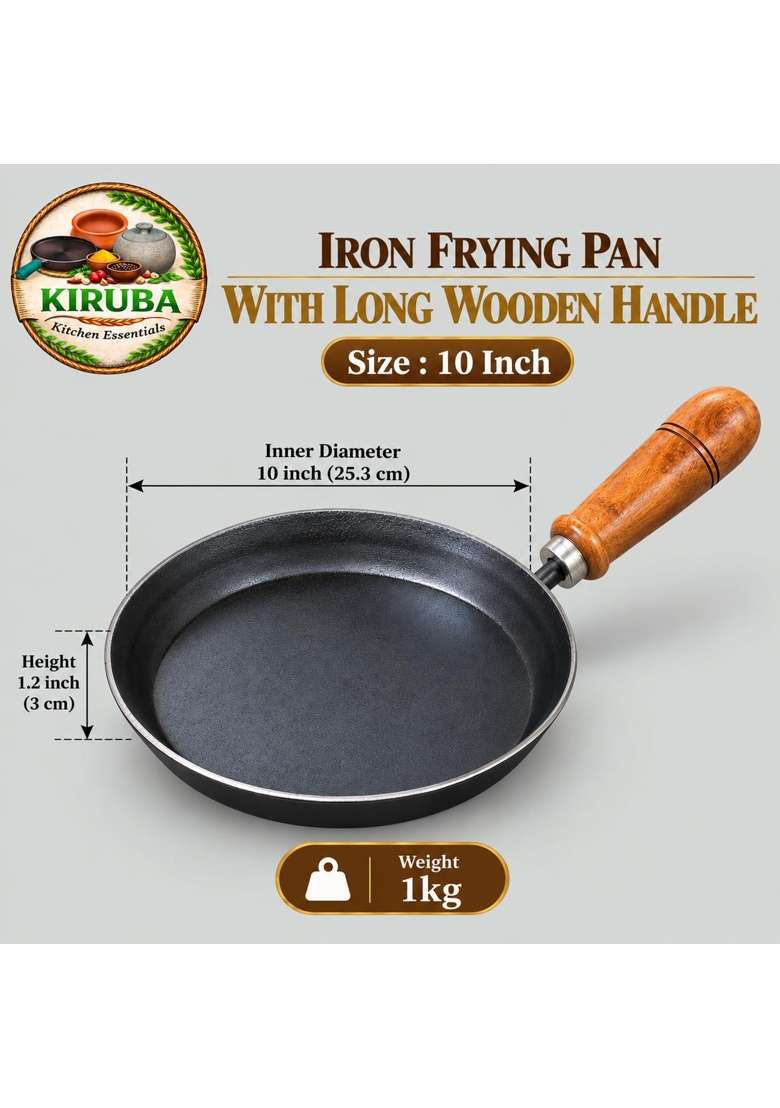 KIRUBA KITCHEN ESSENTIALS Kiruba Raw Iron Frying Pan with Wooden Handle | 25 cm | 9.8 Inch - Indya