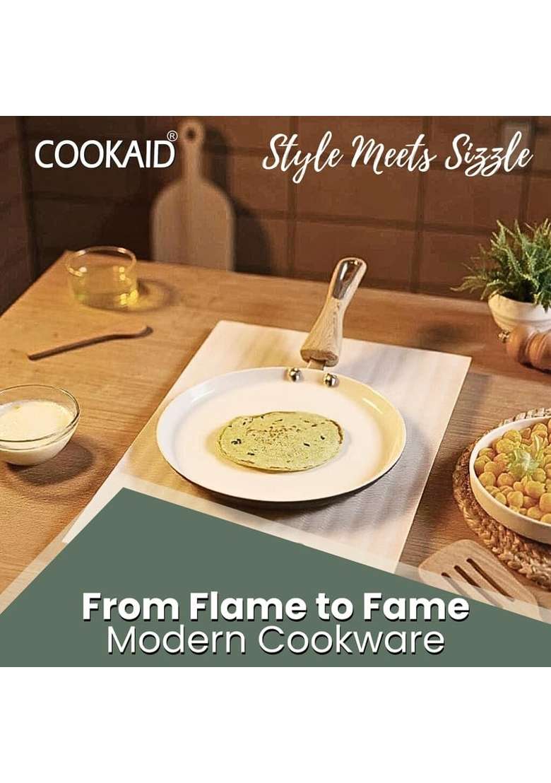Cookaid Velora Series Non Stick Ceramic Dosa Tawa Dosa Pan Pcs Cookware Set | 1.2 L | 1.3 Qt | 22 cm | 8.7 Inch | 2-Piece Set - Indya