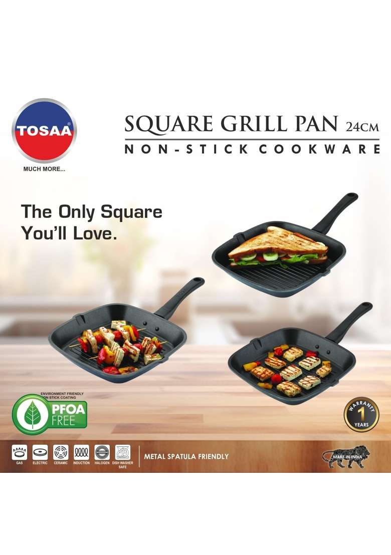 Tosaa Non-Stick Aluminium Gas Compatible Grill Pan | 24 cm | 9.4 Inch - Indya
